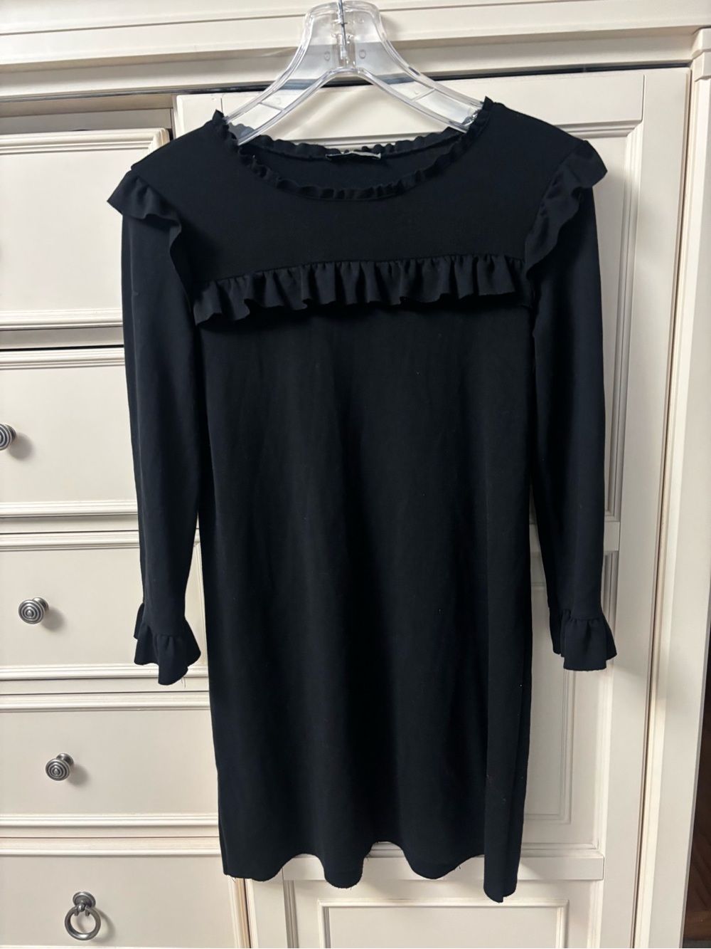 Zara Black Long Sleeve Ruffle-Yoke Dress